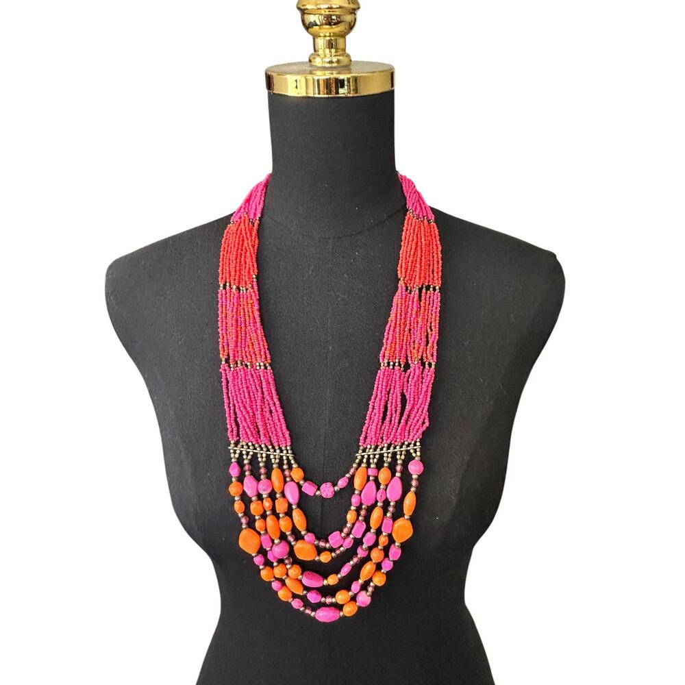 Avenue Statement Necklace Vibrant Pink & Orange MultiStrand Beaded Bib 28” Chain